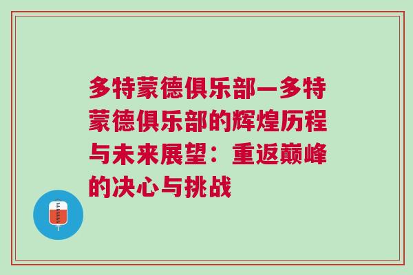 多特蒙德俱樂部—多特蒙德俱樂部的輝煌歷程與未來展望：重返巔峰的決心與挑戰(zhàn)